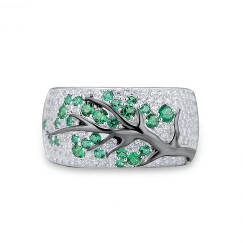 Silver Tree Branch Ring Green CZ Statement Nature Ring Wide Band NWT
